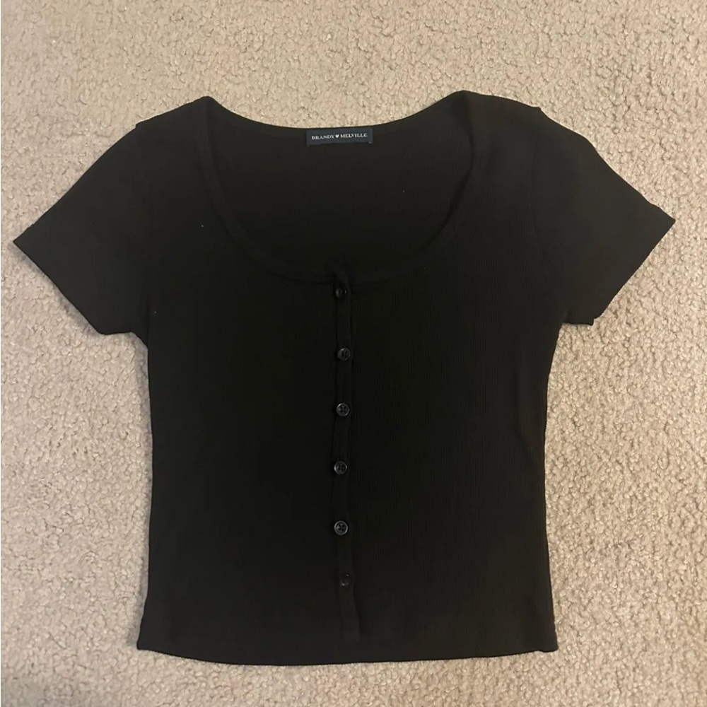 Brandy Melville Black Fitted Buttoned Short Sleeve Tee